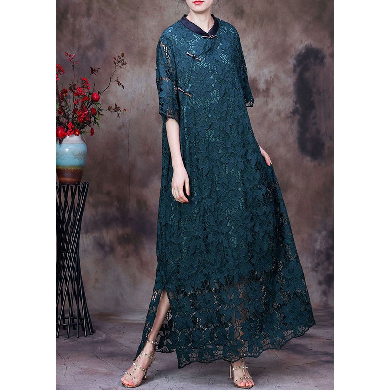 Vintage Green Stand Collar Patchwork Side Open Lace Long Dresses Half Sleeve