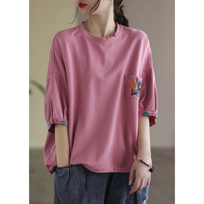 Vogue Pink O-Neck Embroideried T Shirt Half Sleeve