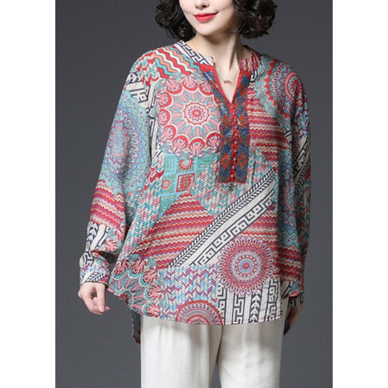 Vogue Red V Neck Print Sequined Low High Design Shirt Top Long Sleeve