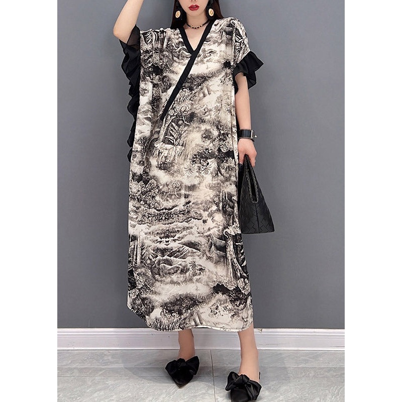 White V Neck Print Long Dress Butterfly Sleeve