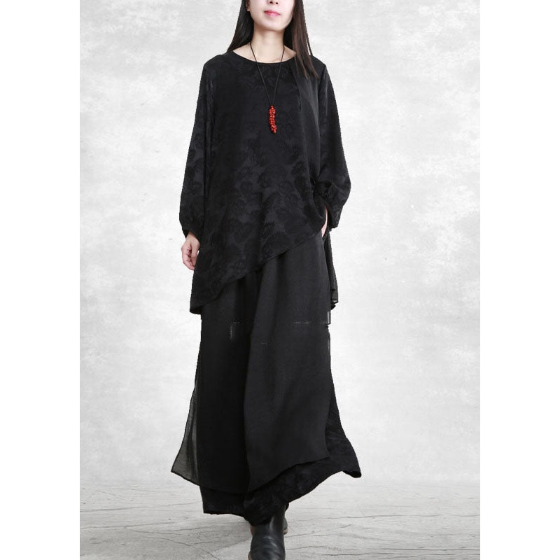 Women Black Asymmetrical Design Jacquard Silk Two Piece Set Spring