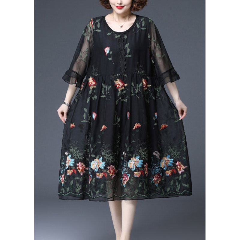 Women Black O-Neck Embroideried Tulle Dress Butterfly Sleeve