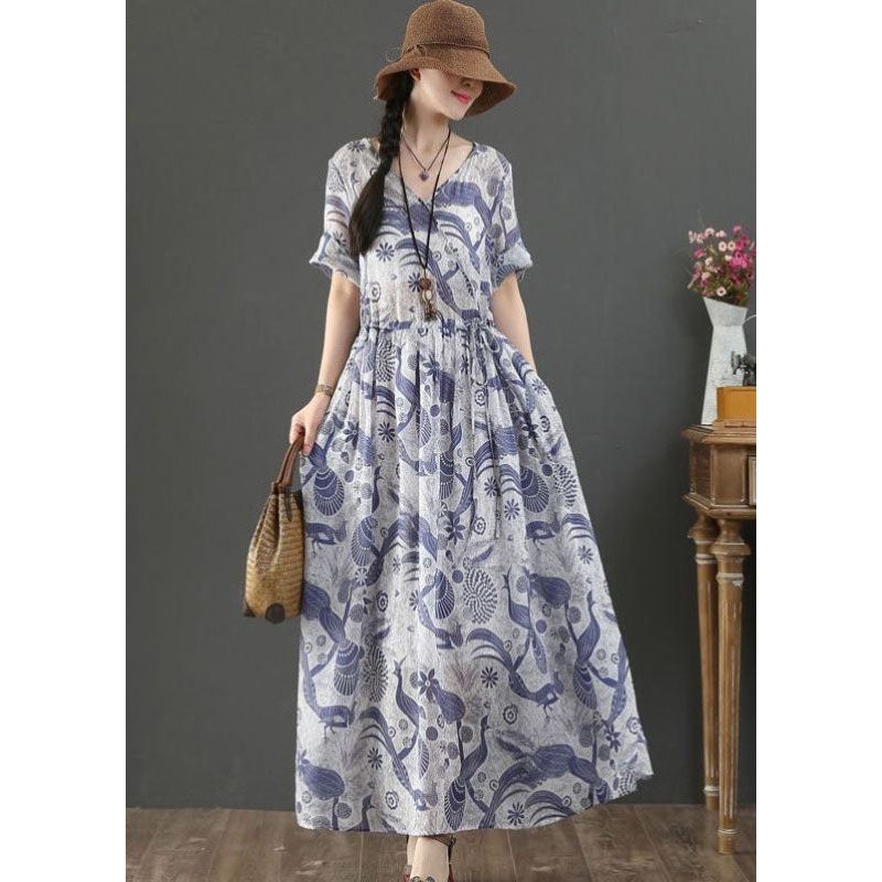 Women Blue Tie Waist V Neck Print Linen Maxi Dress Short Sleeve