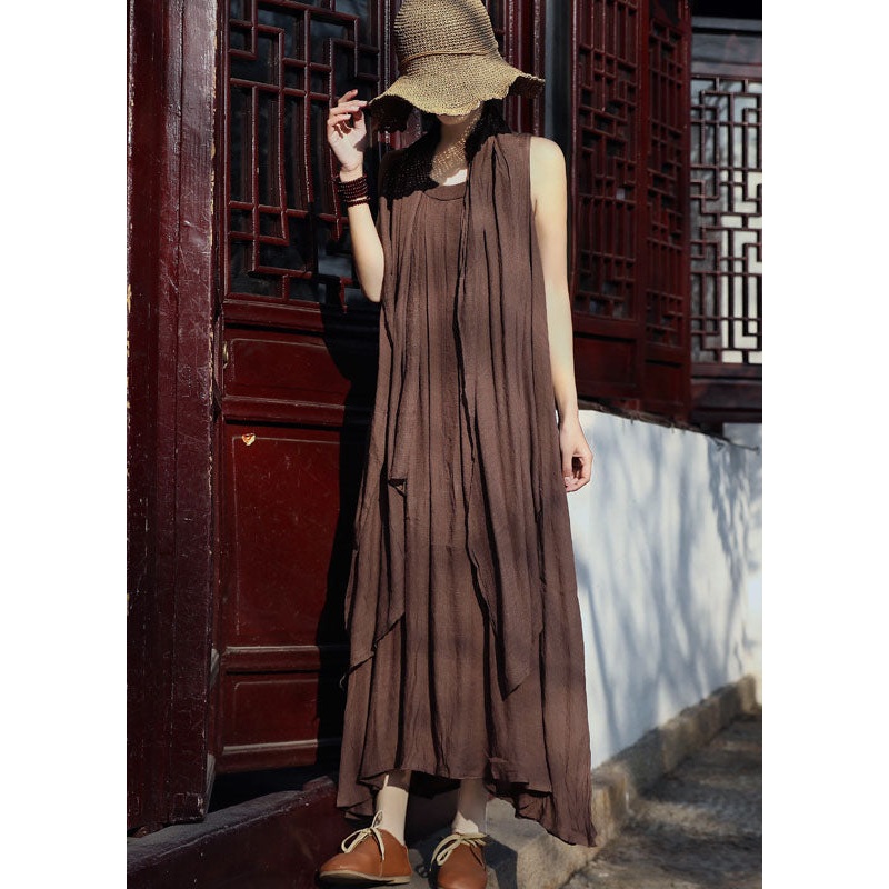 Women Coffee Asymmetrical Linen Spaghetti Strap Dress And Shawl Two Pieces Set Summer