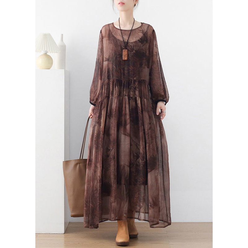 Women Coffee O-Neck Print Chiffon Long Dress And Spaghetti Strap Dress Two Pieces Set Long Sleeve