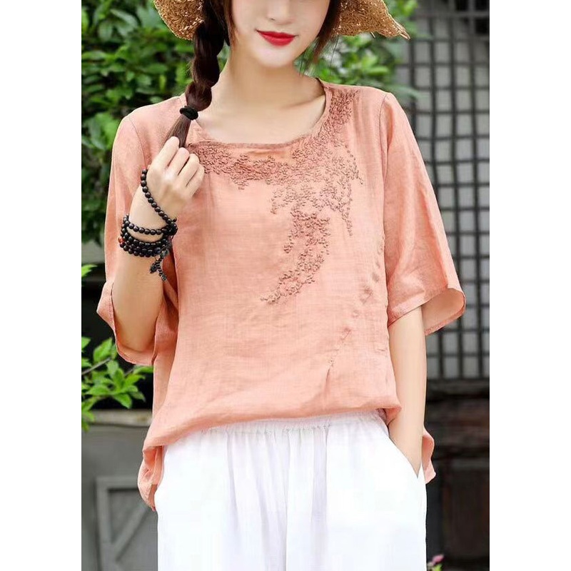 Women Orange O-Neck Embroideried Linen Shirt Top Short Sleeve