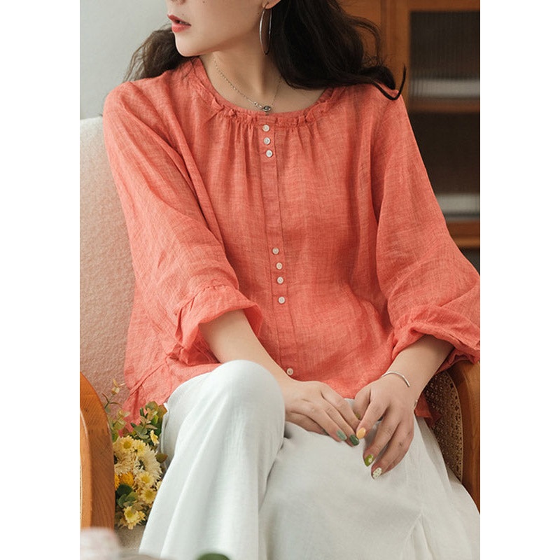 Women Orange O-Neck Ruffled Linen Tops Long Sleeve