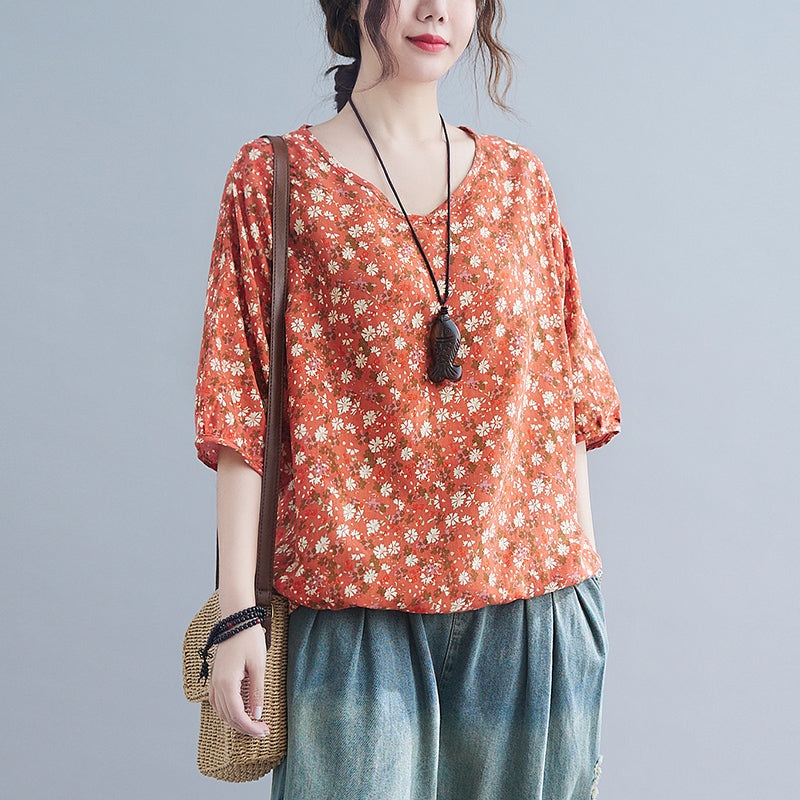 Women Orange V Neck Drawstring Print Tops Half Sleeve