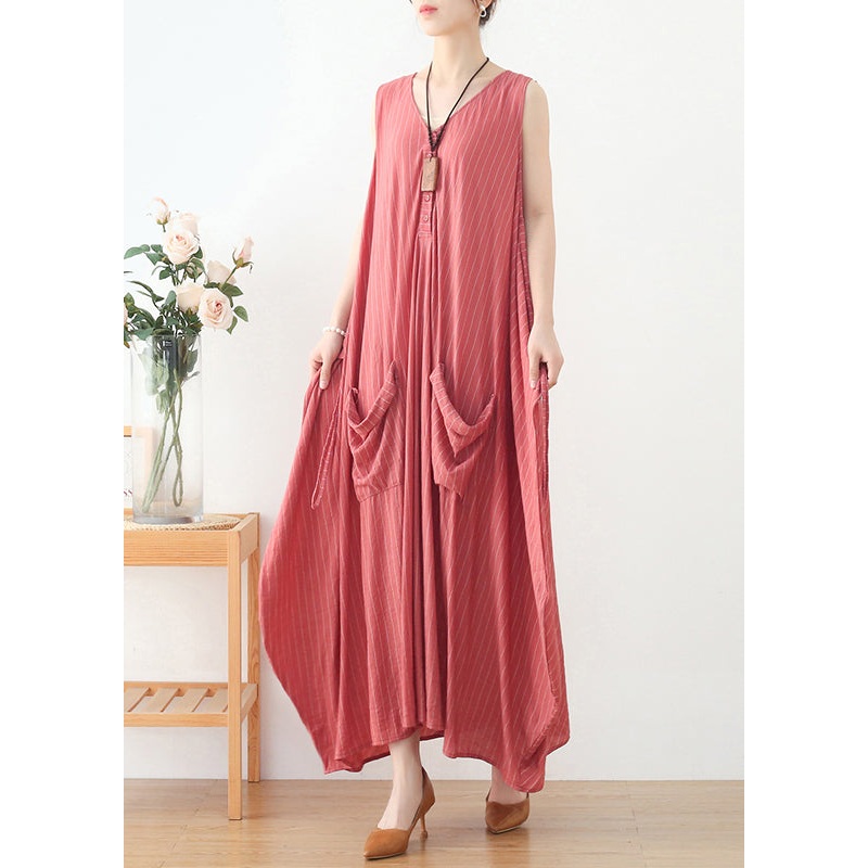 Women Pink V Neck Striped Pockets Linen Vacation Dresses Sleeveless