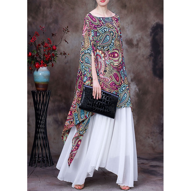 Women Red Print Asymmetrical Design Chiffon Top Batwing Sleeve