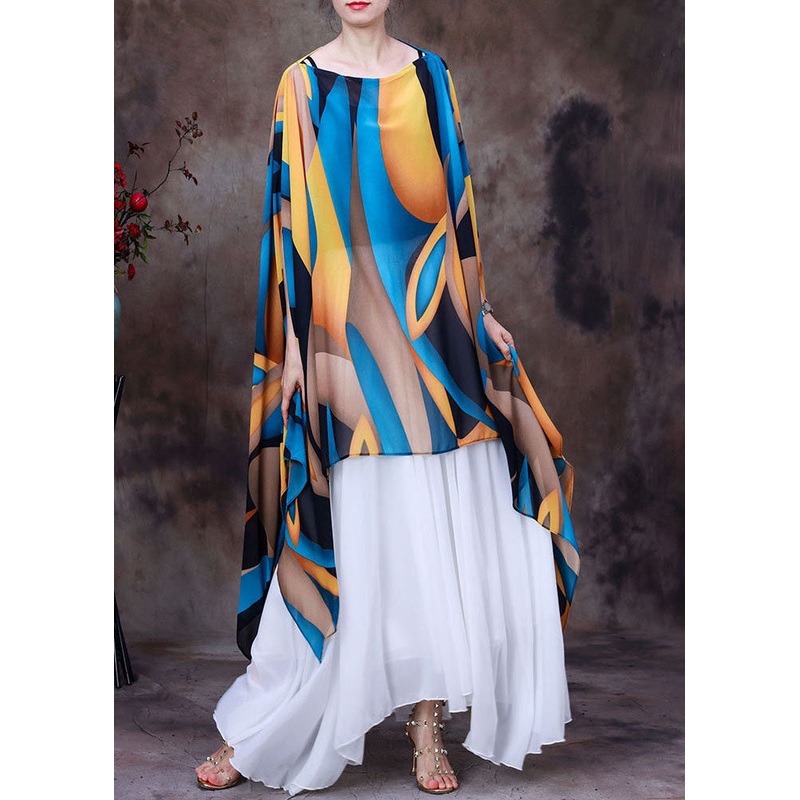 Women Yellow Blue Asymmetrical Design Print Chiffon Top Batwing Sleeve