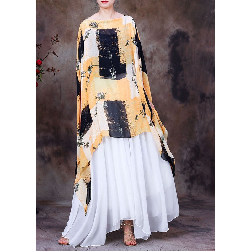 Yellow Black Print Chiffon UPF 50+ Top Asymmetrical Design Batwing Sleeve