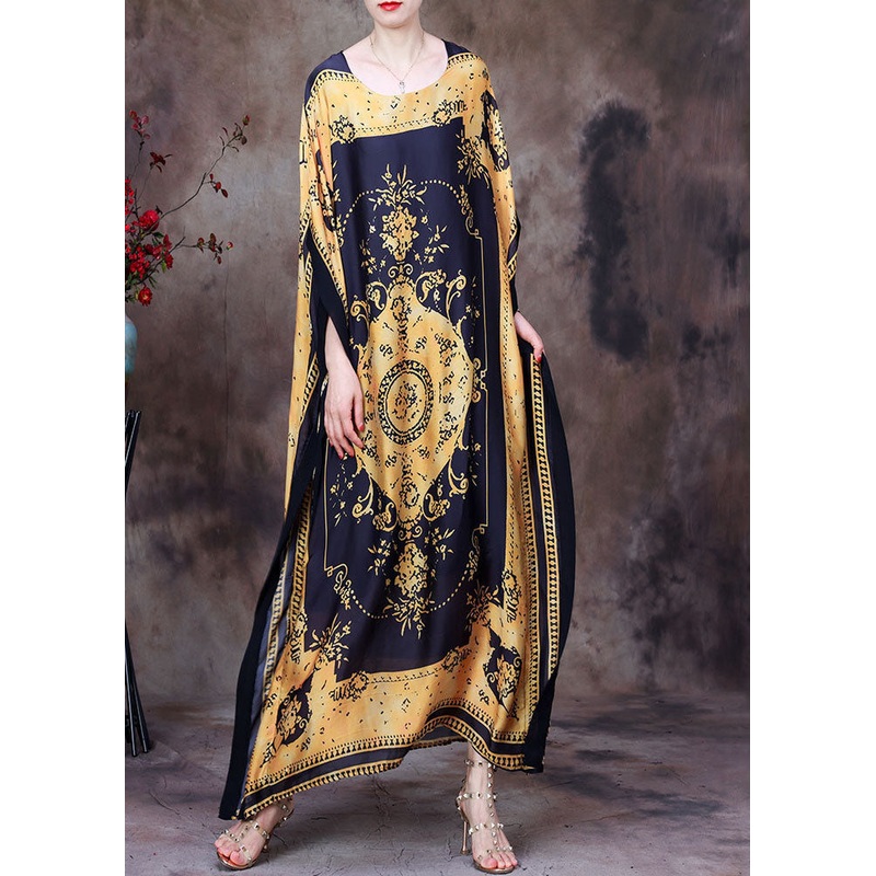 Yellow Print Silk Loose Long Dresses Gown Asymmetrical Design Batwing Sleeve
