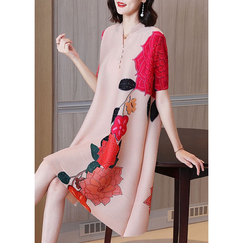 Apricot Print Silk A Line Dress Stand Collar Wrinkled Short Sleeve