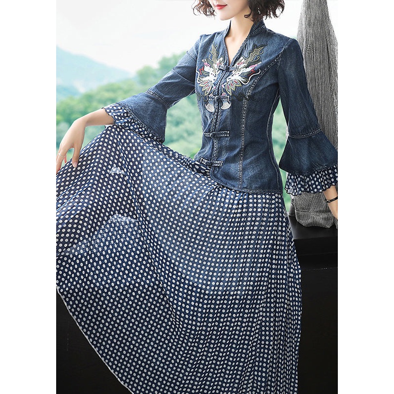 Art Blue Stand Collar Embroidered Denim Coats Flare Sleeve And Dot Print Chiffon Skirts Two Piece Set Women Clothing