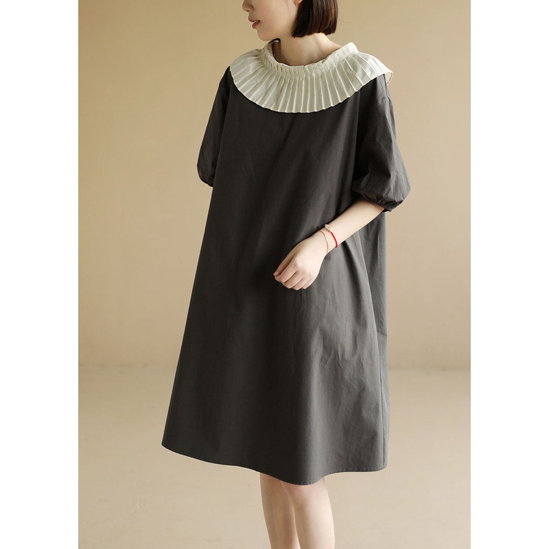 Art Grey O-Neck Patchwork Oversized A Line Dress Short Sleeve