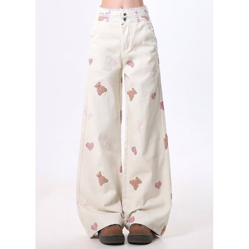 Art White Bear Embroidered Patchwork Lace Denim Straight Pants Spring