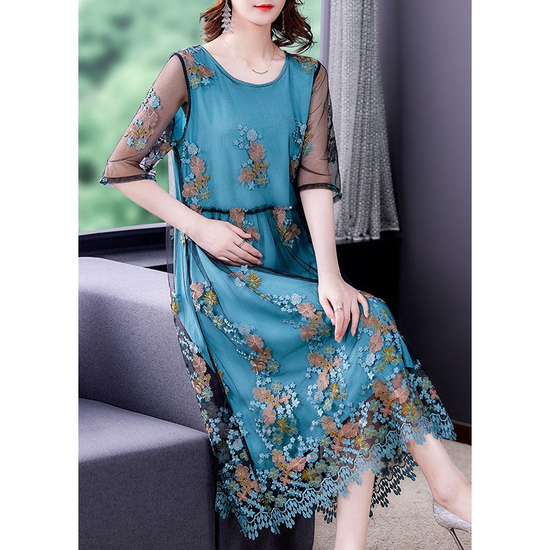 Beautiful Blue Embroidered Tulle Patchwork Silk Long Dresses Half Sleeve