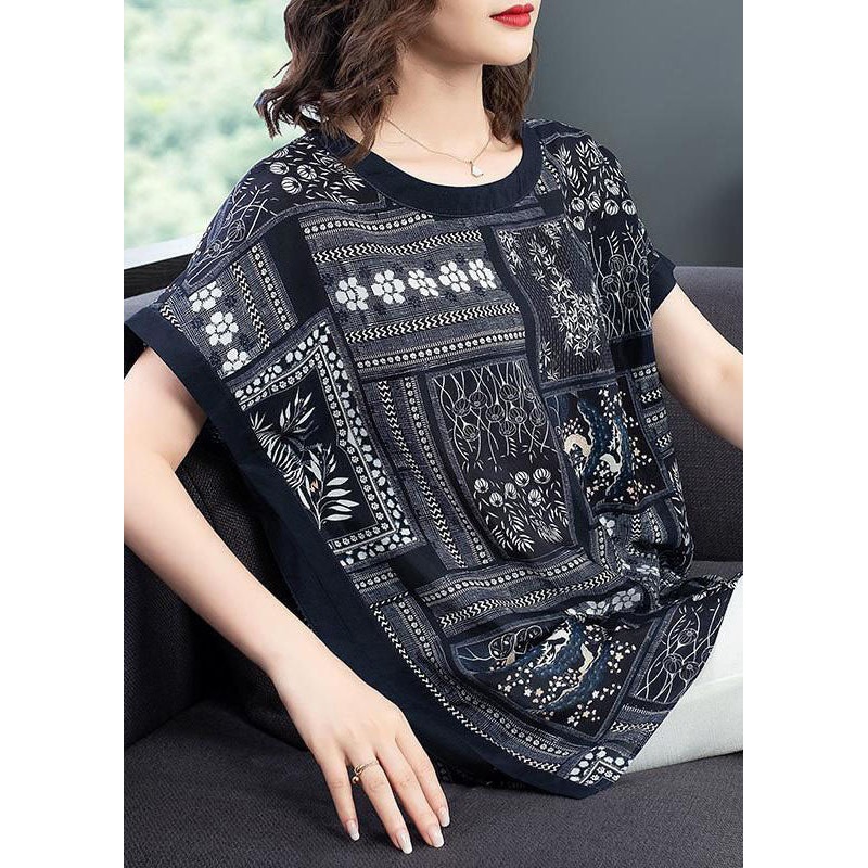 Beautiful Blue O-Neck Side Open Patchwork Print Silk Loose Tank Short Sleeve
