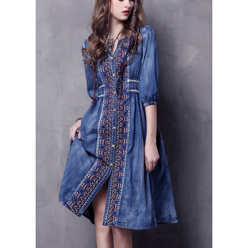 Beautiful Blue V Neck Embroidered Cotton Vacation Denim Dresses Half Sleeve