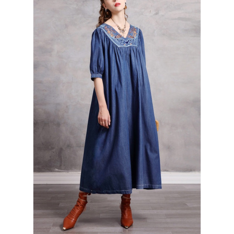 Beautiful Blue V Neck Embroidered Extra Large Hem Cotton Vacation Dresses Half Sleeve