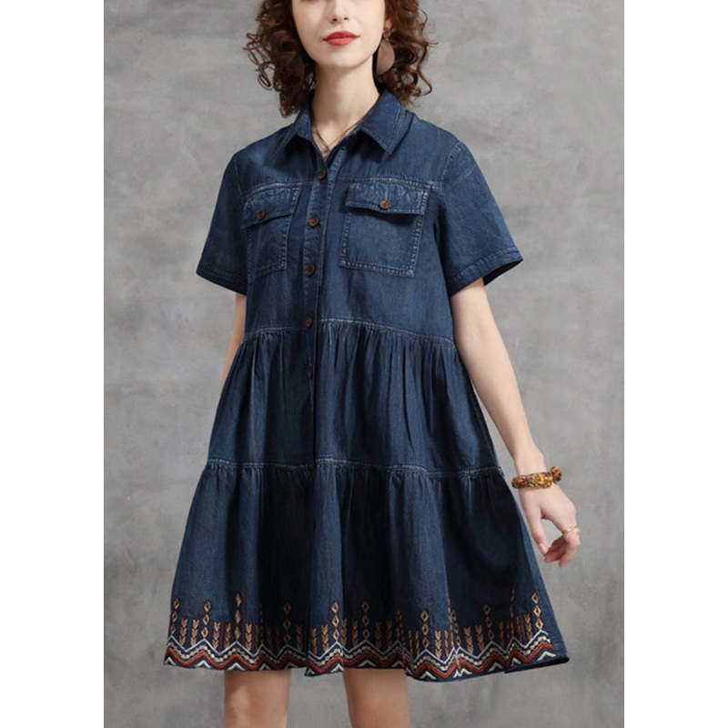 Beautiful Denim Blue Peter Pan Collar Embroidered Cotton Shirt Dress Short Sleeve