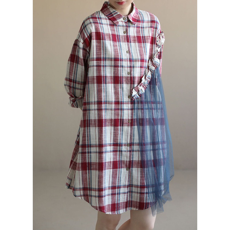 Beautiful Red Plaid Ruffled Patchwork Tulle Cotton Linen Shirt Dress Long Sleeve
