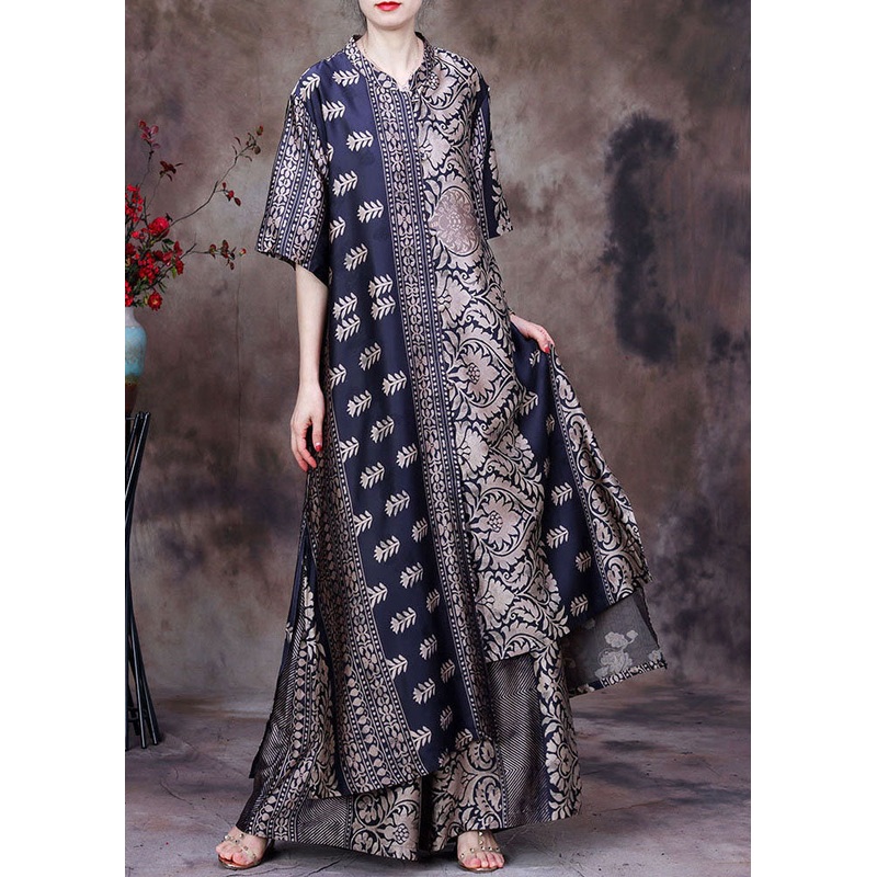 Black Asymmetrical Print Side Open Silk Long Top And Wide Leg Pant Two Piece Set Summer
