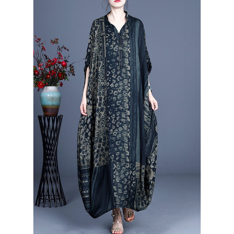 Black Button Silk Long Dresses Asymmetrical Design Short Sleeve