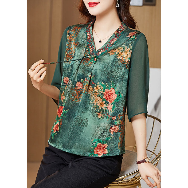 Blackish Green Print Silk Slim Fit Shirt Top V Neck Half Sleeve