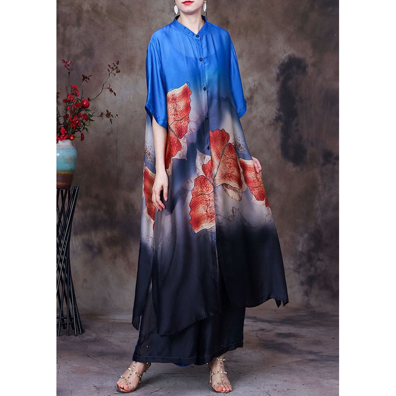 Blue Print Silk Long Shirt And Straight Pant Two Pieces Set Stand Collar Side Open Summer