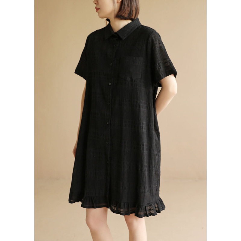 Bohemian Black Peter Pan Collar Patchwork Ruffles Holiday Dress Short Sleeve