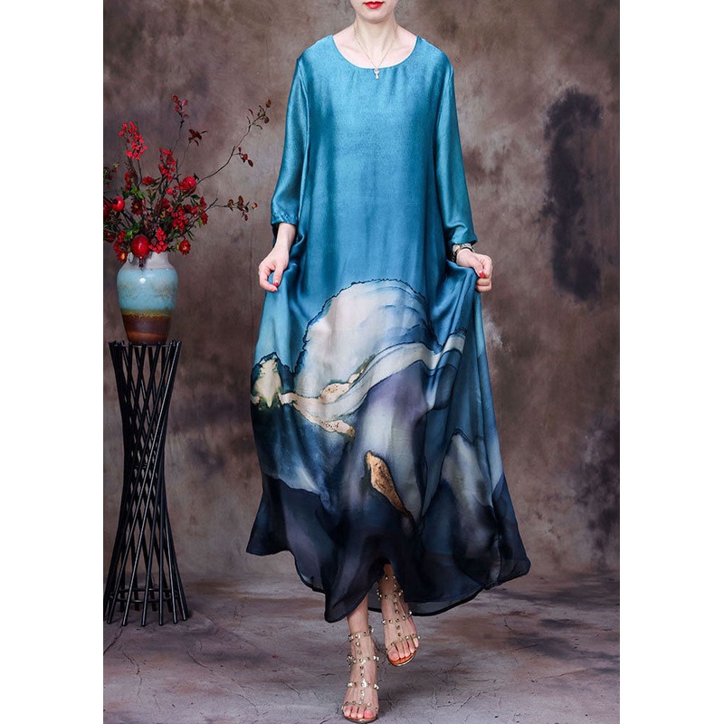 Bohemian Blue O-Neck Layered Design Print Silk Dresses For Women Bracelet Sleeve