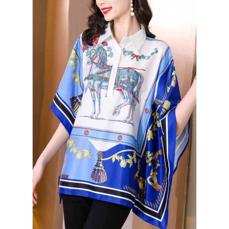 Bohemian Blue Peter Pan Collar Print Chiffon Shirt Tops Batwing Sleeve