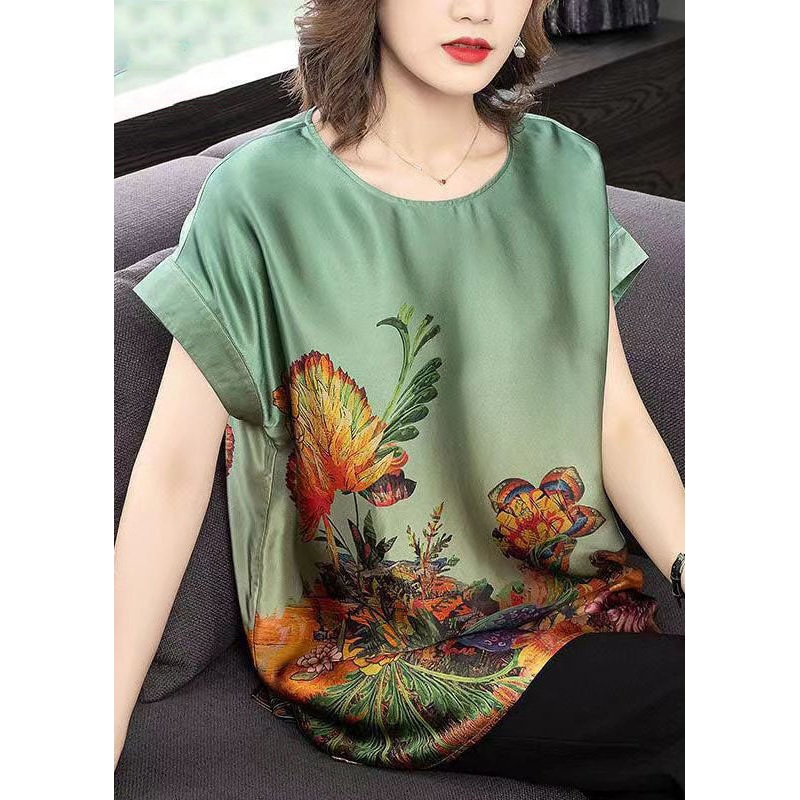 Bohemian Green O-Neck Side Open Print Silk Tanks Short Sleeve