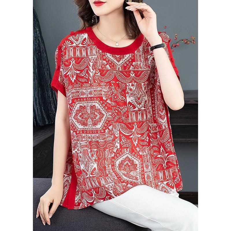Bohemian Red O-Neck Print Draping Chiffon Tank Tops Short Sleeve