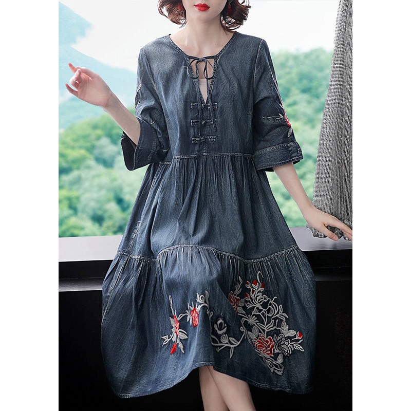 Boutique Blue V Neck Embroideried Cotton Holiday Denim Dress Half Sleeve