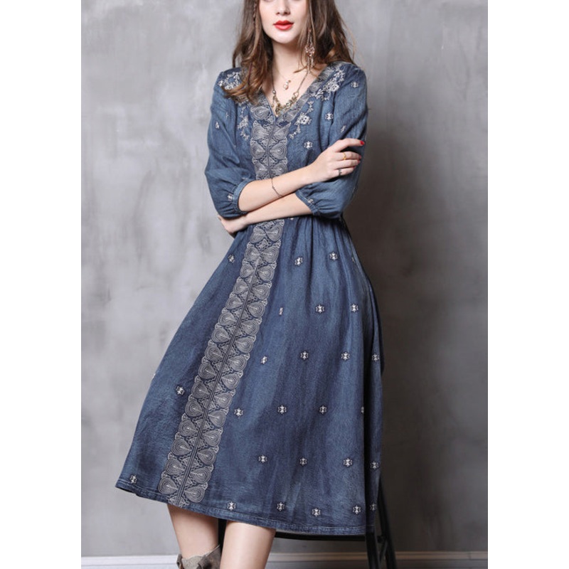 Boutique Denim Blue V Neck Embroideried Elastic Waist Cotton Dresses Bracelet Sleeve