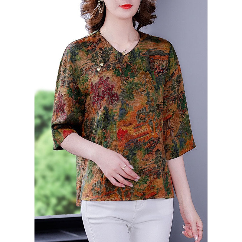 Boutique Green Print Button Asymmetrical Silk Blouses Bracelet Sleeve