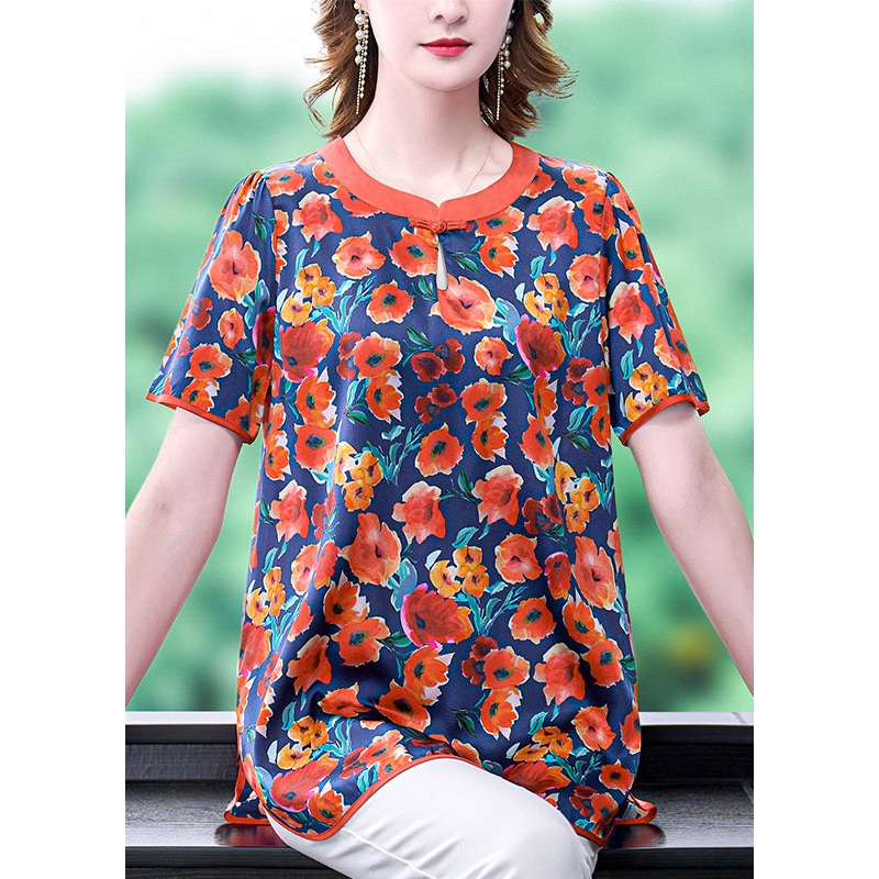 Boutique Red O-Neck Oriental Button Floral Print Silk Tank Short Sleeve