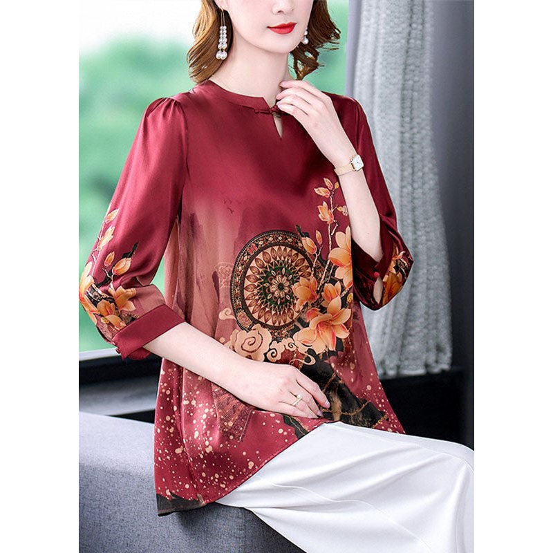 Boutique Red O-Neck Print Silk Women's Shirt Half Sleeve