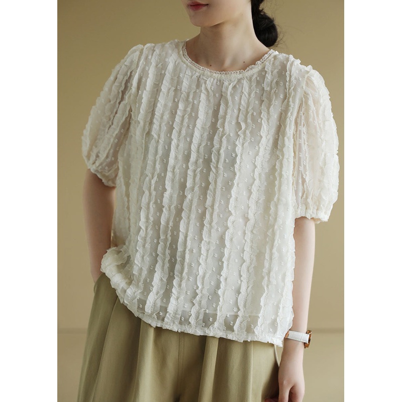 Casual Beige O-Neck Ruffled Jacquard Silk Shirts Short Sleeve