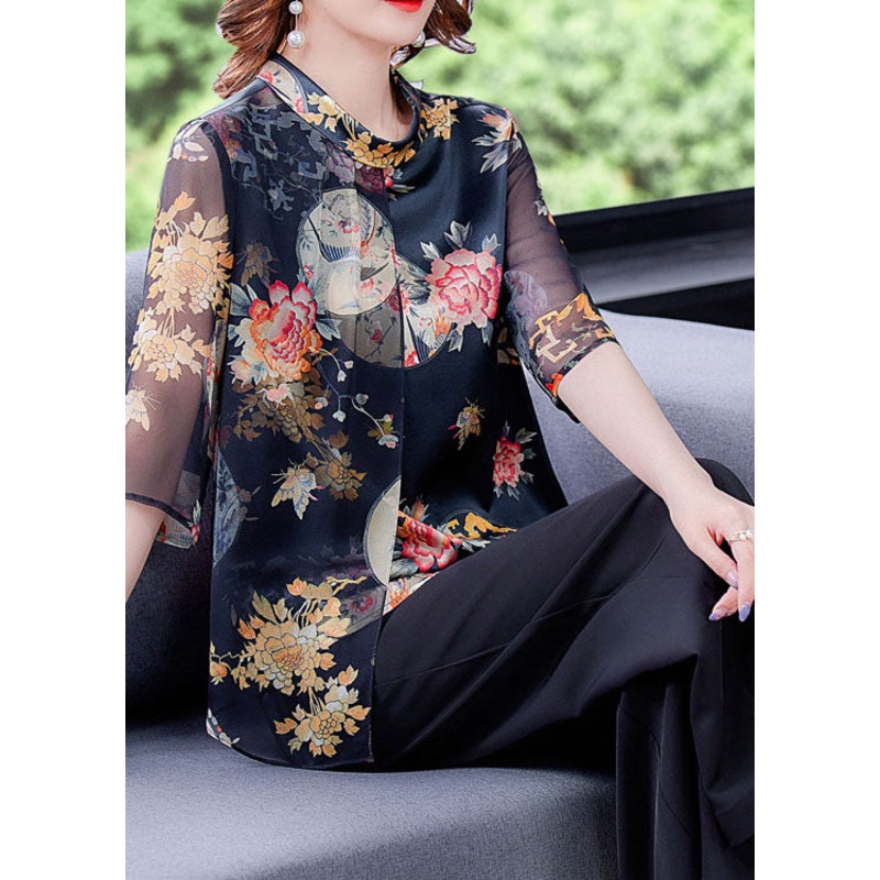 Casual Black Stand Collar Patchwork Tulle Print Silk Shirts Half Sleeve