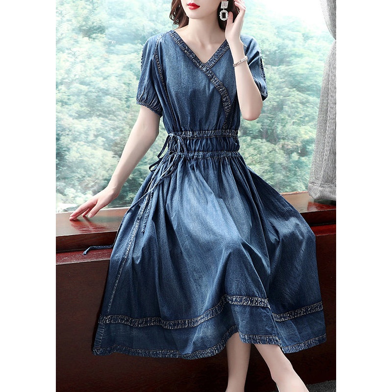 Casual Blue V Neck Patchwork Cotton Denim Pleated Cinch Dress Short Sleeve