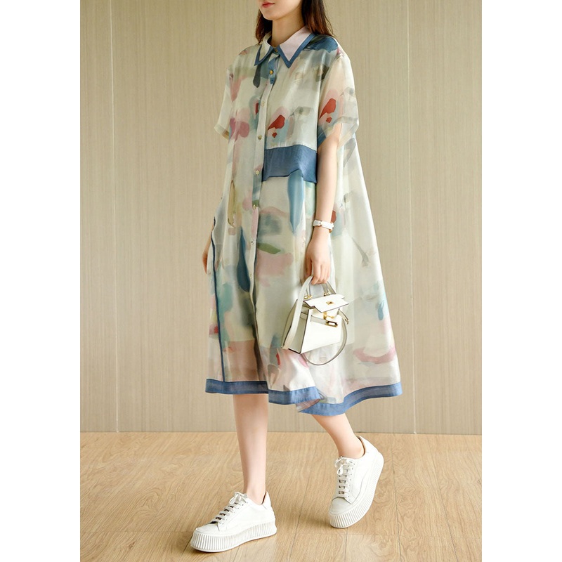 Casual Light Green Asymmetrical Design Print Silk Loose Dresses Short Sleeve