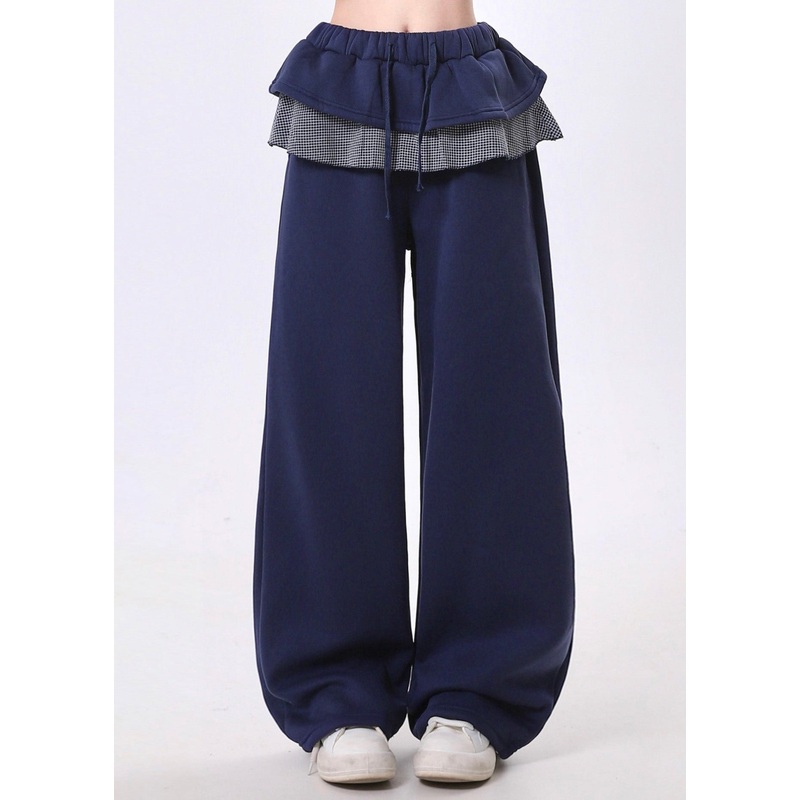 Casual Navy Elastic Waist Patchwork Ruffles Cotton Pants Spring