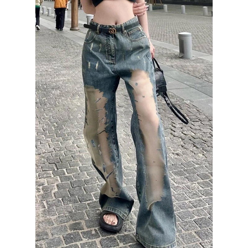 Chic Blue Hollow Out Patchwork Tulle Denim Straight Pants Spring