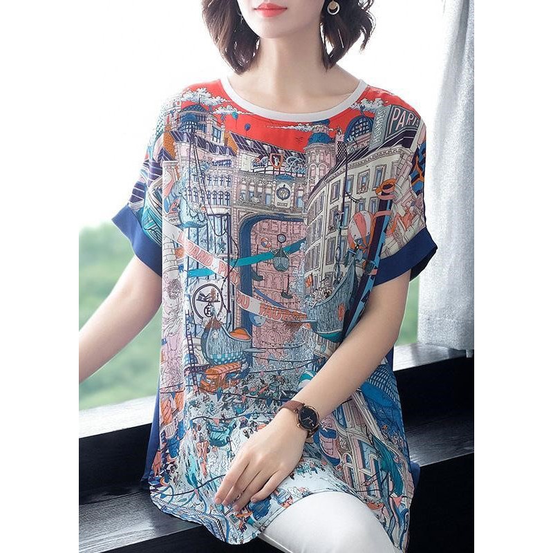 Chic Blue O-Neck Print Patchwork Chiffon Loose Tanks Short Sleeve