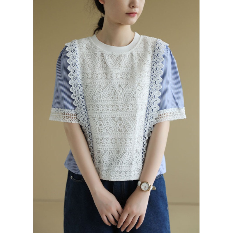 Chic Colorblock O-Neck Patchwork Striped Lace Shirt Short Sleeve