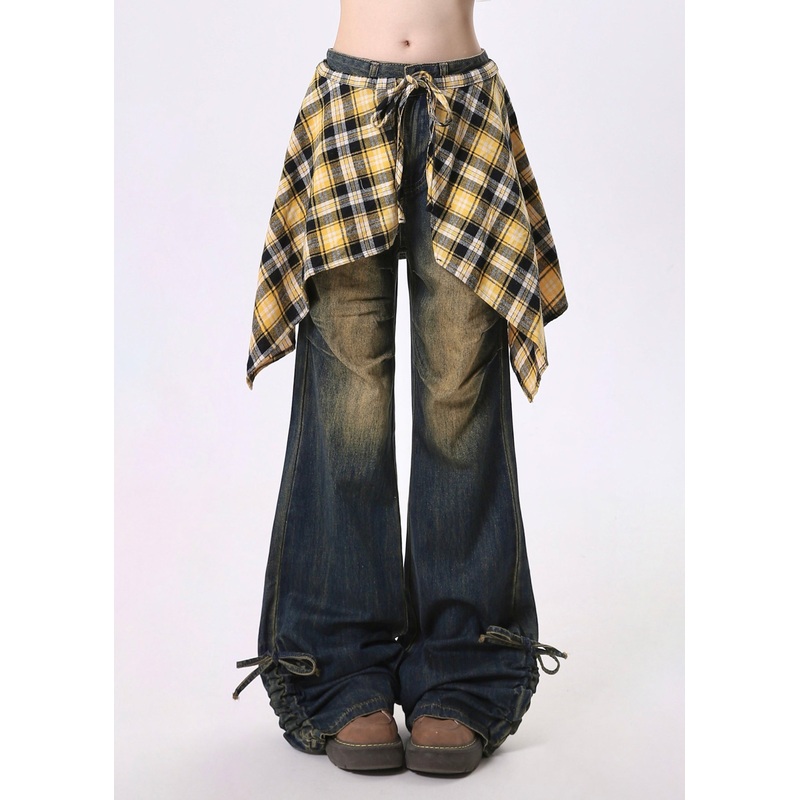 Chic Navy Cinched Exra Large Hem Denim Flared Trousers Pants Spring